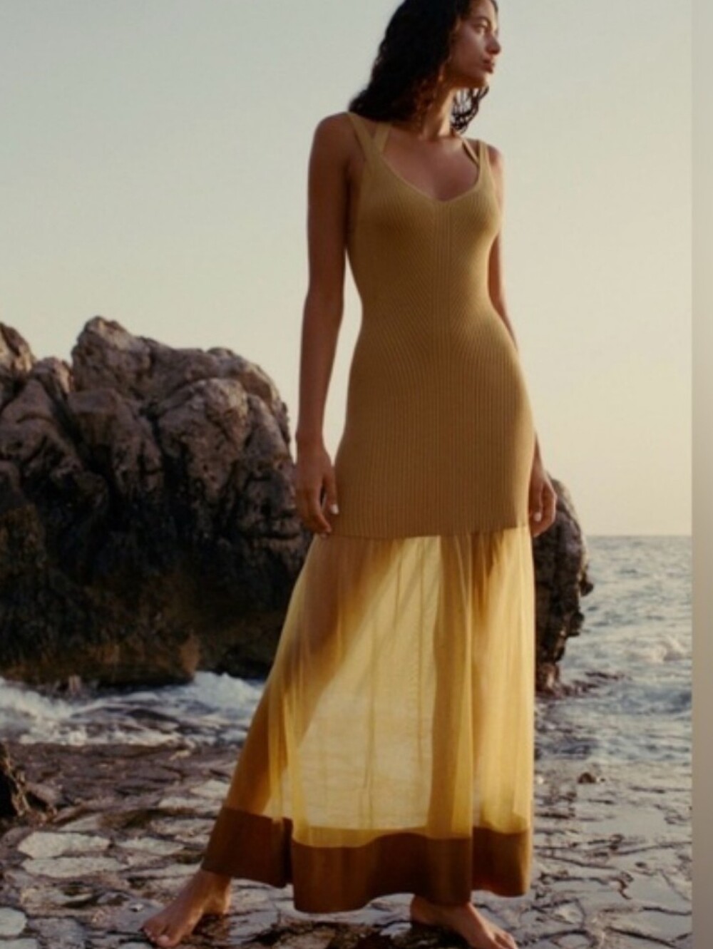 Anthropologie Sheer Panel Gold Sweater Dress Sz M NWT